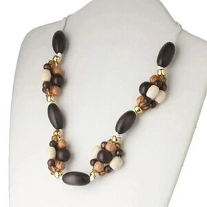 Long Beaded Earth Tone Wood & Acrylic Beads Necklace with Gold Accents
